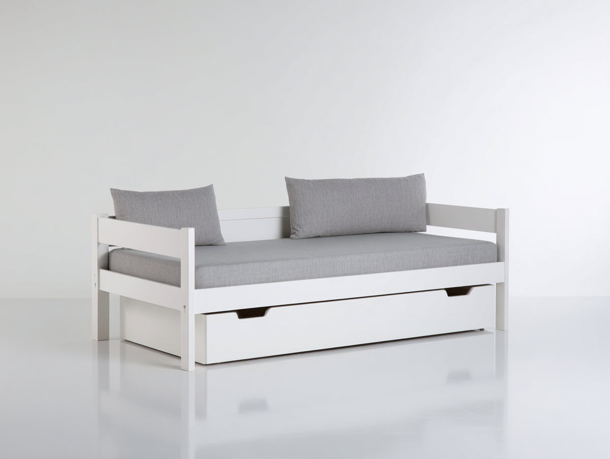 Sofás cama de madera 200x90x80 cm - Blanco y gris claro - Diseño moderno con cama nido extraíble