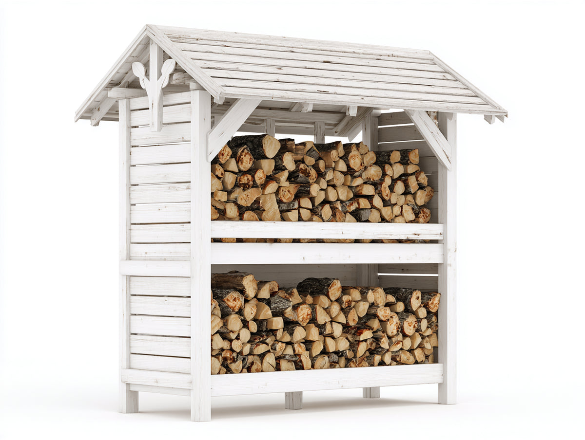 Leñero de exterior de madera con techo 150 x 70 x 190 cm - Blanco envejecido - Diseño de 2 niveles con estructura abierta para jardín