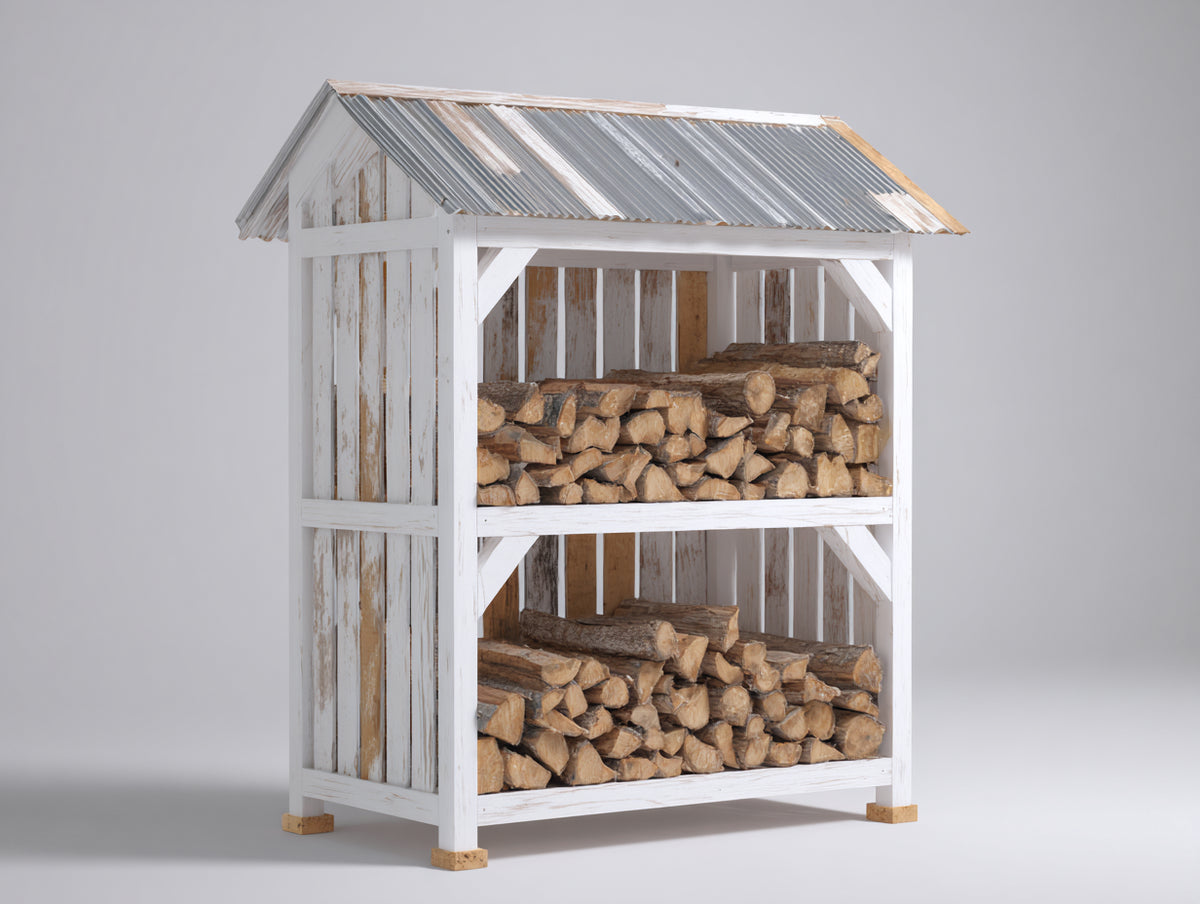 Leñero de exterior de madera con techo metálico 140 x 70 x 185 cm - Blanco envejecido-Gris - Diseño de 2 niveles con estructura abierta para jardín