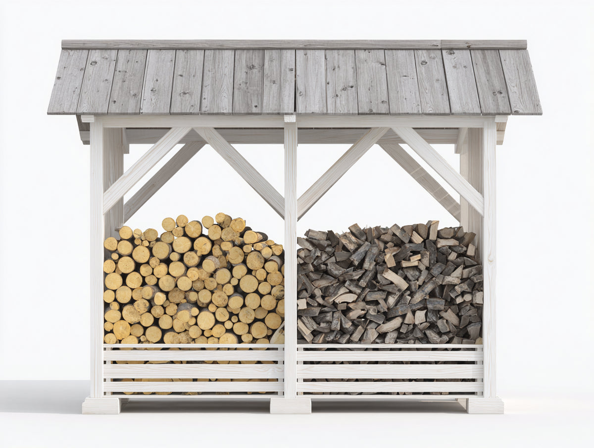 Leñero de exterior de madera 180x70x180 cm - Blanco y gris - Diseño cubierto con 2 compartimentos
