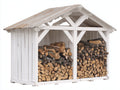 Leñero de exterior de madera 180 x 75 x 165 cm - blanco envejecido - con techo a dos aguas y 2 compartimentos