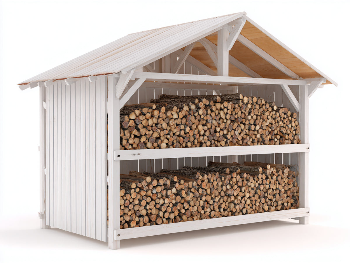 Leñero de exterior de madera 200x90x200 cm - Blanco-Madera natural - Diseño rústico con 2 niveles y techo a dos aguas