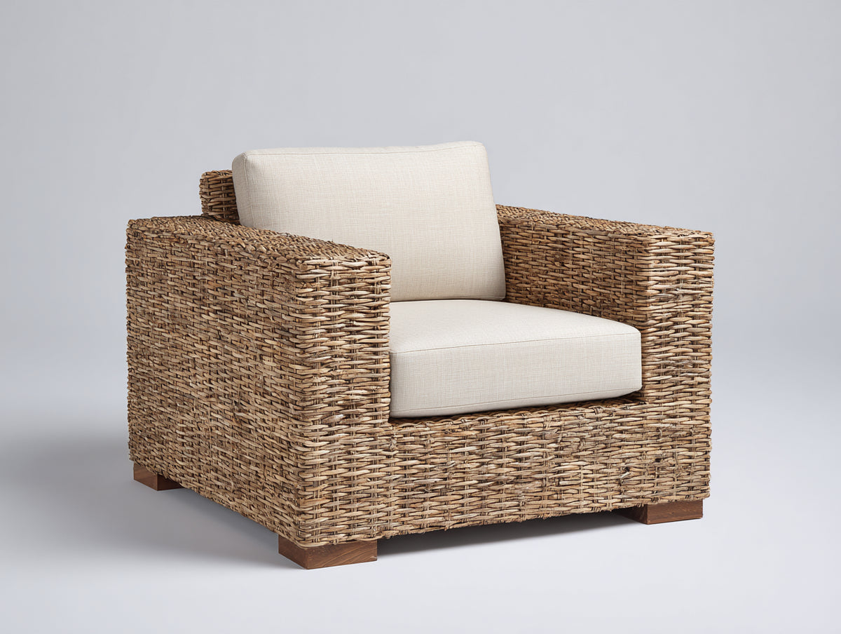 Sillones de ratán con estructura trenzada 95 x 90 x 82 cm - Ratán natural-Beige - Diseño amplio de 1 plaza con reposabrazos y asiento acolchado