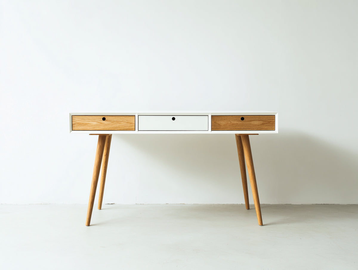 Mesas de oficina de madera manufacturada 120x50x78 cm - Blanco-Madera natural - Diseño moderno con 3 cajones y patas inclinadas