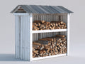 Leñero de exterior de madera 140x75x185 cm - Blanco y gris - Diseño cubierto con 2 niveles
