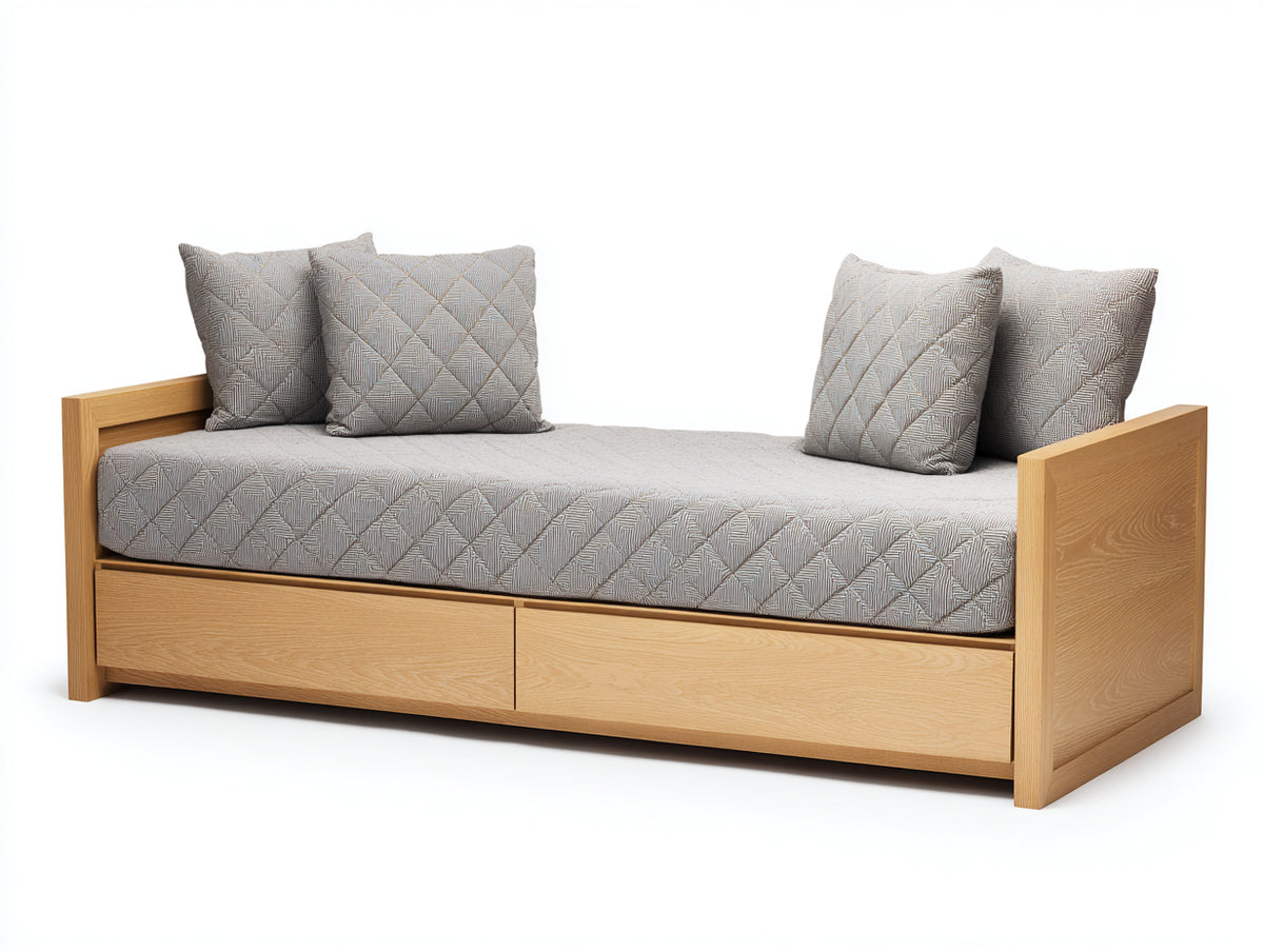 Sofá cama de madera 205 x 100 x 90 cm - roble natural y gris - con 2 cajones de almacenamiento