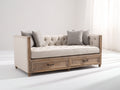 Sofás cama de madera y tela 200x90x90 cm - Beige y marrón natural - Diseño clásico con 2 cajones