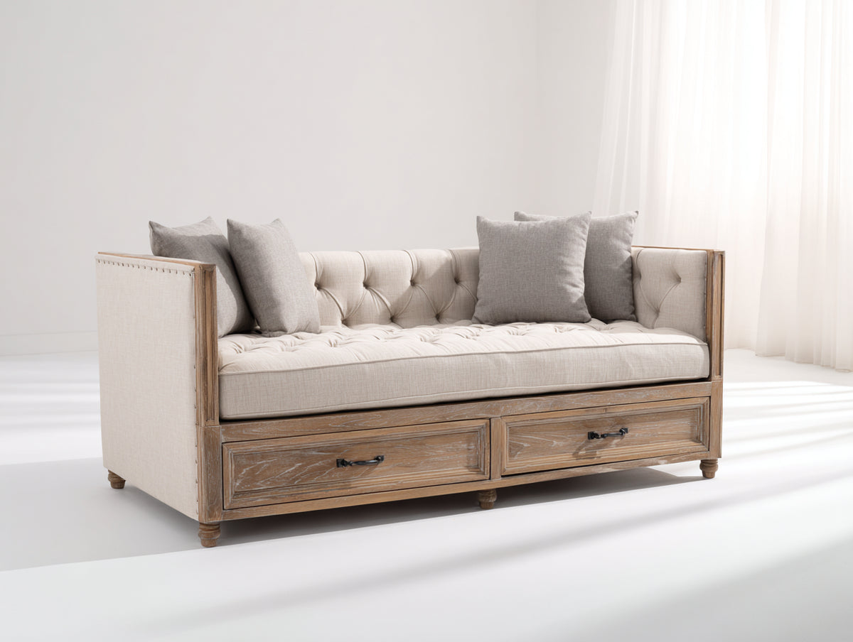 Sofás cama de madera y tela 200x90x90 cm - Beige y marrón natural - Diseño clásico con 2 cajones