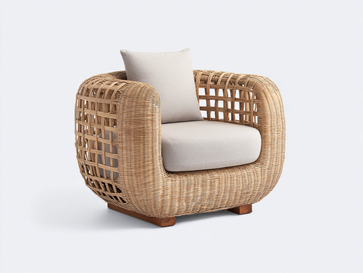 Sillones de ratán 95x88x78 cm - Ratán natural y beige - Diseño curvo con asiento acolchado