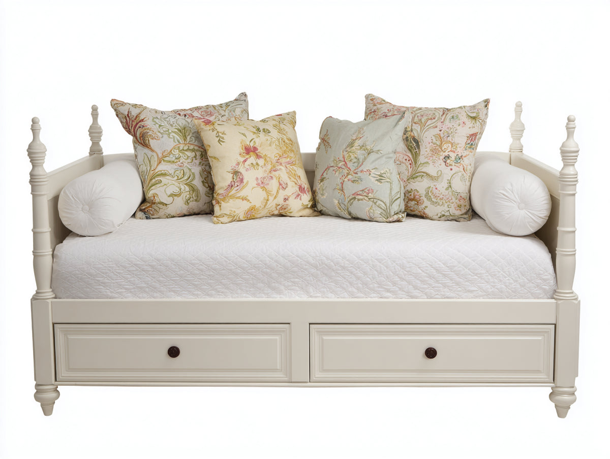 Sofás cama de madera con 2 cajones 200 x 95 x 92 cm - Blanco marfil - Diseño clásico tipo diván con almacenamiento inferior