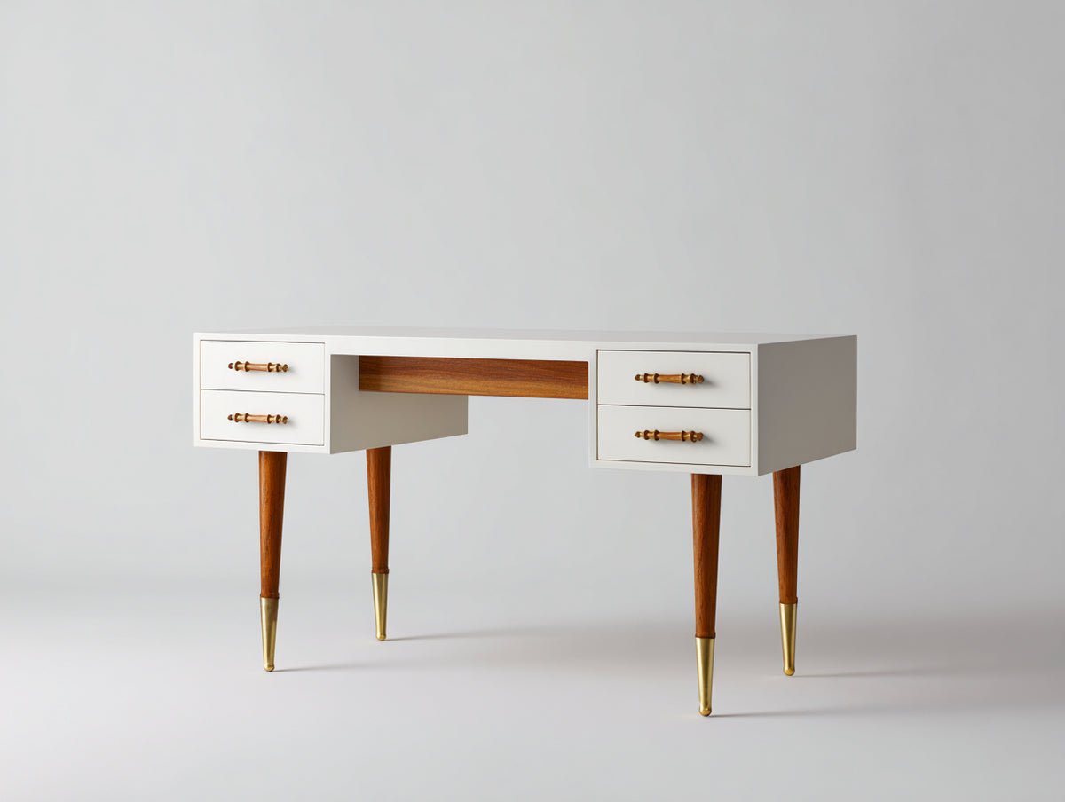 Mesa de oficina de madera 130 x 60 x 76 cm - blanco y madera natural - con 4 cajones integrados