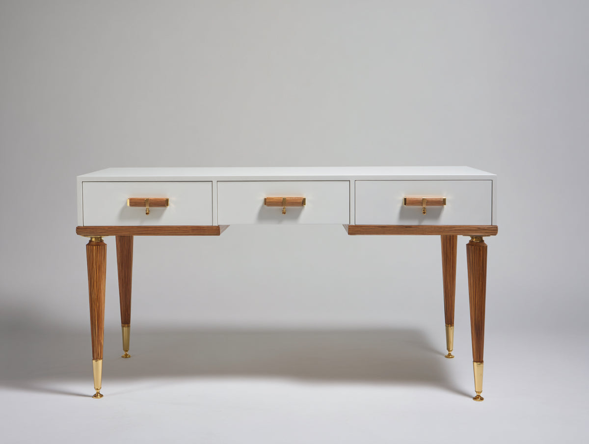 Mesas de oficina de madera 140x60x75 cm - Blanco-Marrón-Dorado - Diseño clásico con 3 cajones