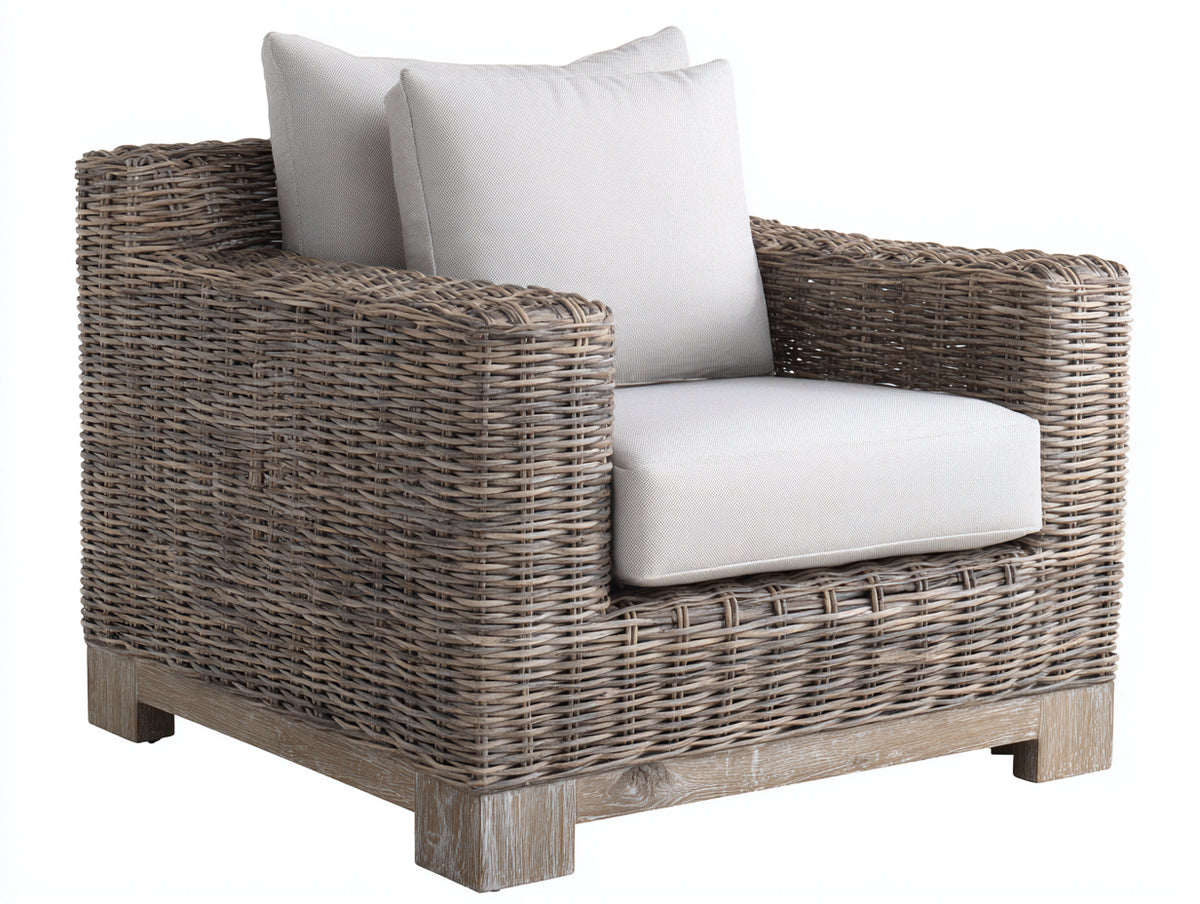 Sillón de ratán 95 x 88 x 82 cm - marrón natural y blanco - asiento acolchado con brazos anchos