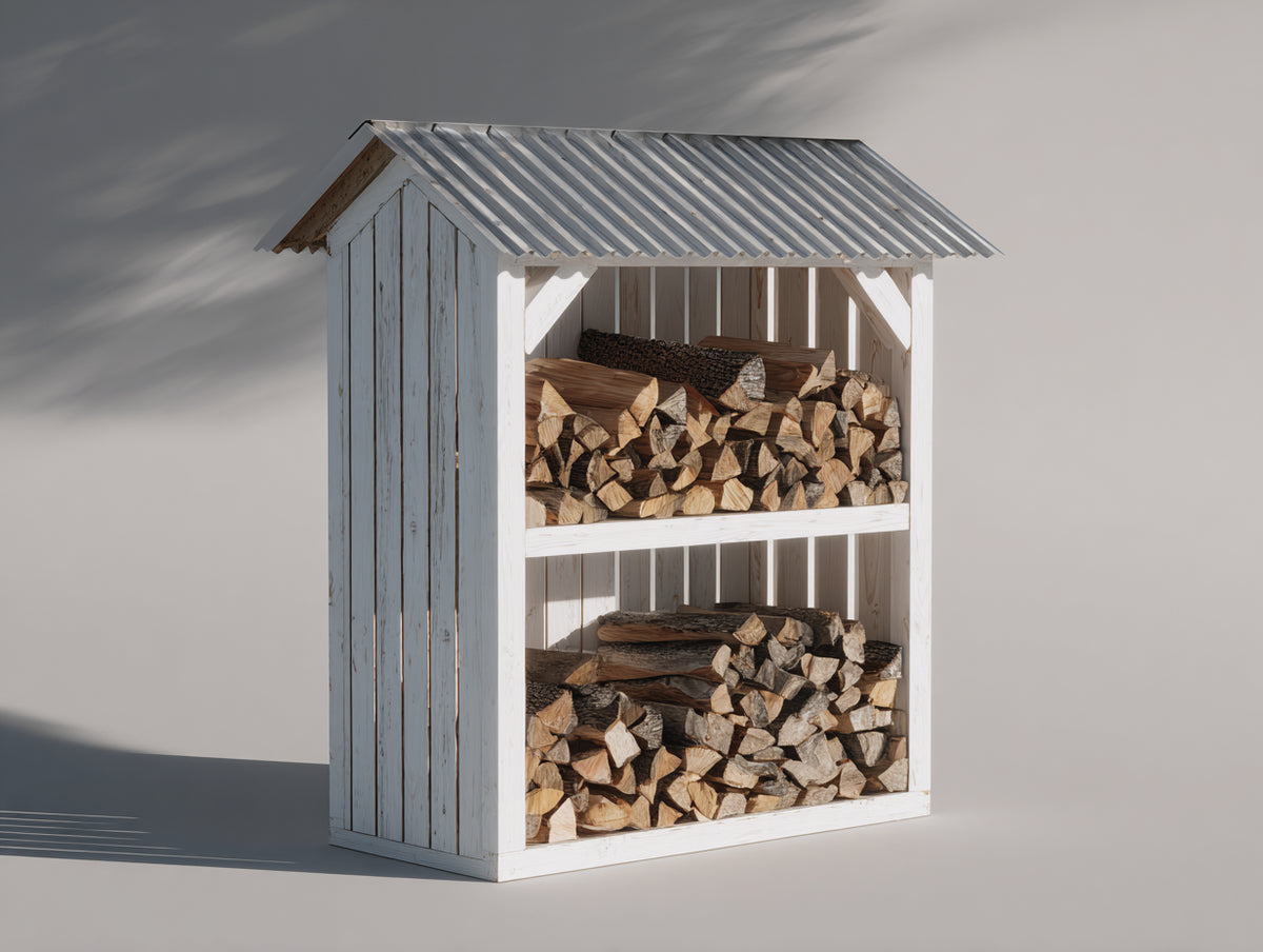 Leñero de exterior de madera 120x70x180 cm - Blanco-Gris - Diseño de dos niveles con techo a dos aguas