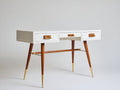 Mesas de oficina de madera con 3 cajones 130 x 55 x 76 cm - Blanco-Madera oscura-Dorado - Diseño moderno con patas inclinadas y detalles metálicos